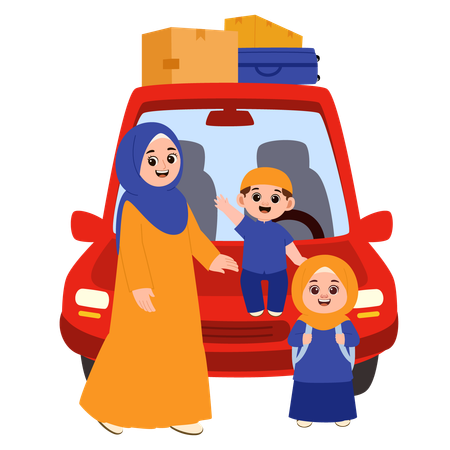 Família muçulmana voltando para casa para o Eid viajando de carro  Ilustração