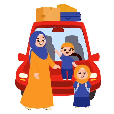 Família muçulmana voltando para casa para o Eid viajando de carro  Ilustração