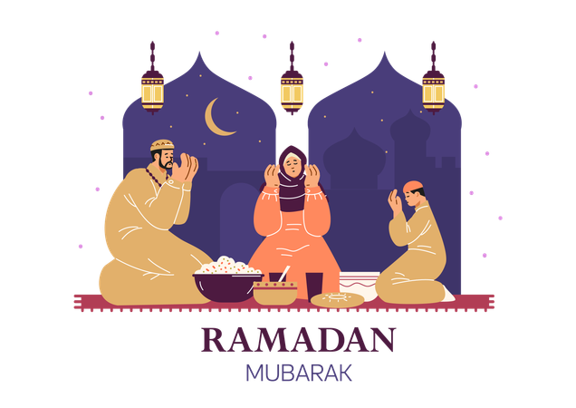 Família muçulmana rezando antes do Iftar  Ilustração