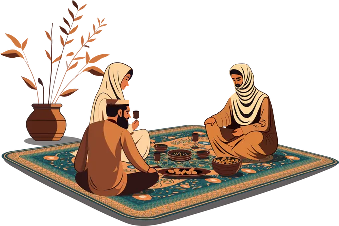 Família muçulmana fazendo refeições deliciosas juntas  Ilustração