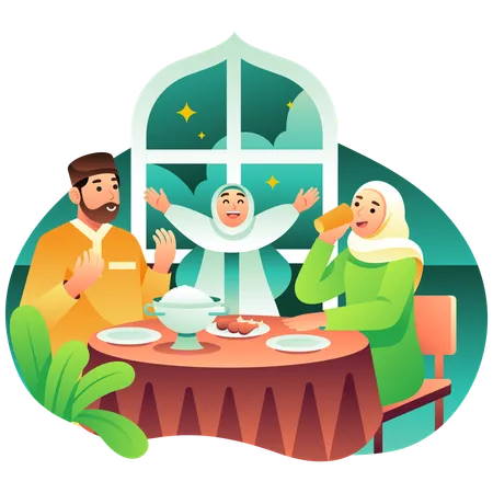 Família muçulmana jantando Iftar  Ilustração