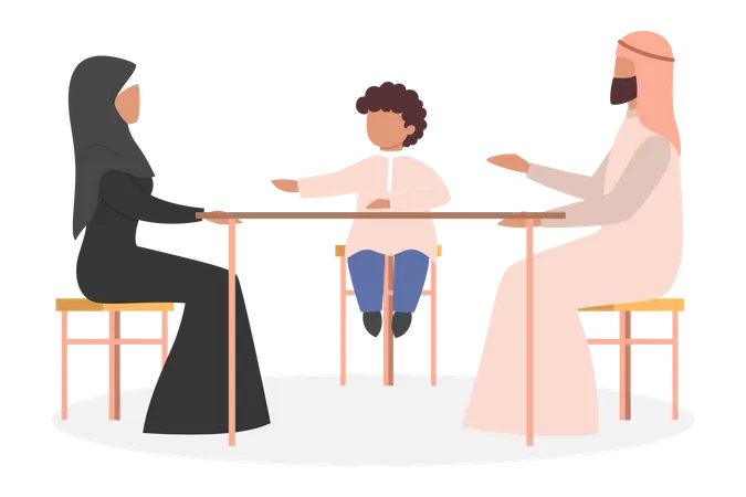 Família muçulmana tomando café e conversando entre si  Ilustração