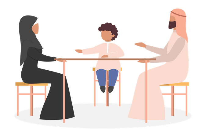 Família muçulmana tomando café e conversando entre si  Ilustração