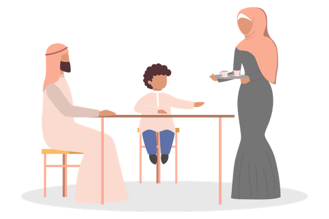 Família muçulmana tomando café enquanto estão sentados juntos  Ilustração