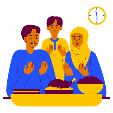 Família muçulmana tomando comida Iftar  Ilustração