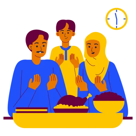 Família muçulmana tomando comida Iftar  Ilustração