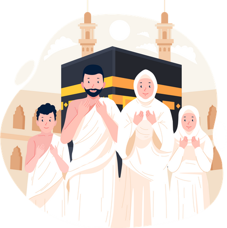 Família muçulmana usa roupas de ihram durante o Hajj  Ilustração