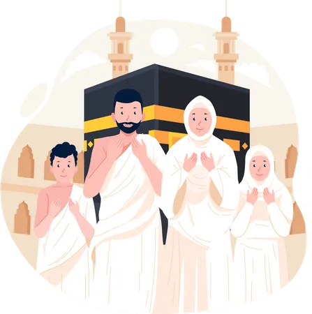 Peregrinacao Islamica Do Hajj Uma Familia Muculmana Usa Roupas Ihram Realizando A Peregrinacao Hajj Ou Umrah Com Fundo Kaaba Ilustracao Vetorial Em Estilo Simples Ilustração