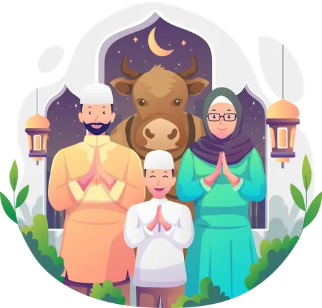 Una Familia Musulmana Celebra Eid Al Adha Feliz Eid Mubarak Con El Concepto De Fondo De Familia Vaca Mezquita Media Luna Y Linterna Ilustracion Vectorial En Estilo Plano Ilustración