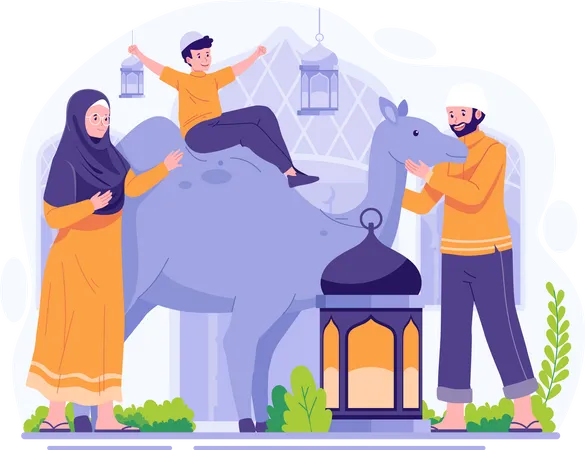 Familia musulmana celebra Eid Al Adha con un camello  Ilustración