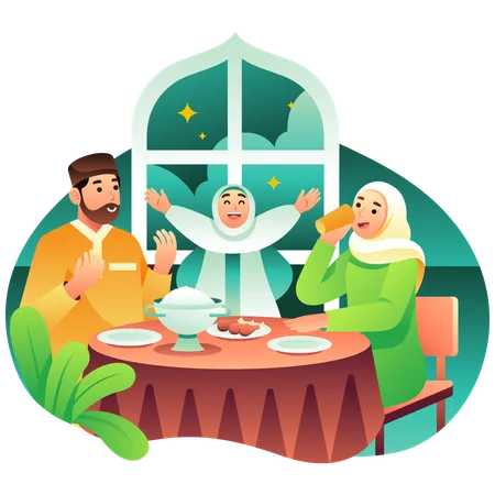 Familia musulmana cenando Iftar  Ilustración