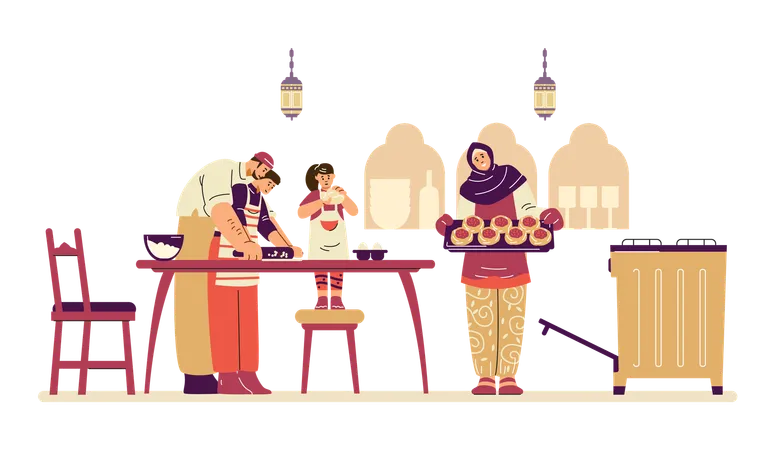 Familia musulmana cocinando junta en la cocina  Ilustración