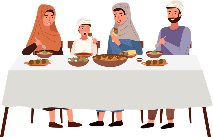 Familia musulmana comiendo comida kosher en la mesa del comedor  Ilustración