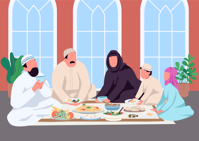 Familia musulmana comiendo juntos  Ilustración