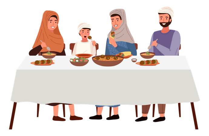 Familia musulmana comiendo juntos en la mesa  Ilustración