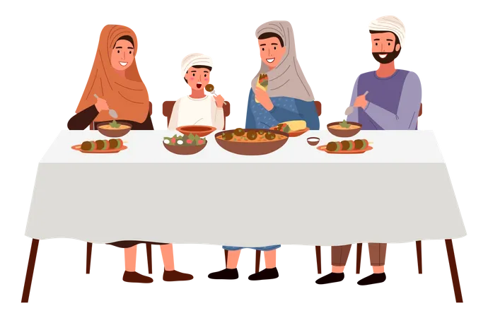 Personas Vestidas Con Trajes Nacionales Comen Comida Kosher Afuera La Familia Arabe Esta Sentada Familia Arabe Sentada En Una Mesa Festiva Y Celebrando La Festividad Familia Musulmana Reunida Alrededor De Una Mesa De Comedor Ilustración