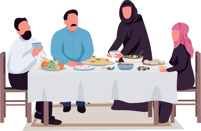 Familia musulmana comiendo juntos en la mesa  Ilustración