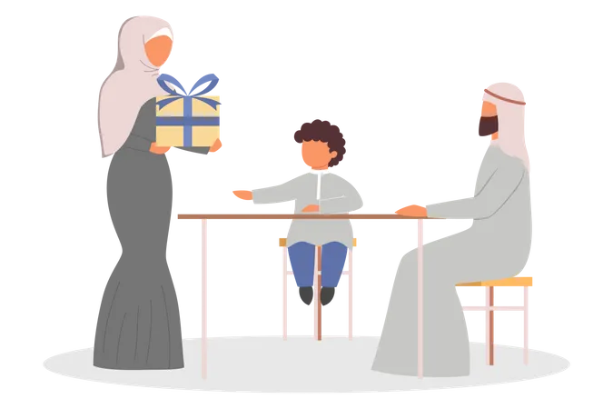 Familia musulmana compartiendo regalos  Ilustración