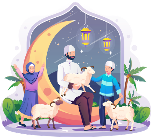 Familia musulmana con ovejas celebrando Eid al-Adha  Ilustración