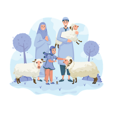 Familia musulmana con sus ovejas  Ilustración