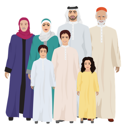 Familia musulmana con traje tradicional  Ilustración