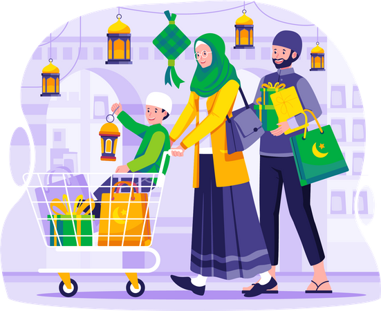 La familia musulmana está de compras en la tienda del mercado de comestibles  Ilustración