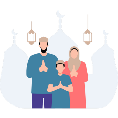 La familia musulmana se felicita por el Eid  Ilustración