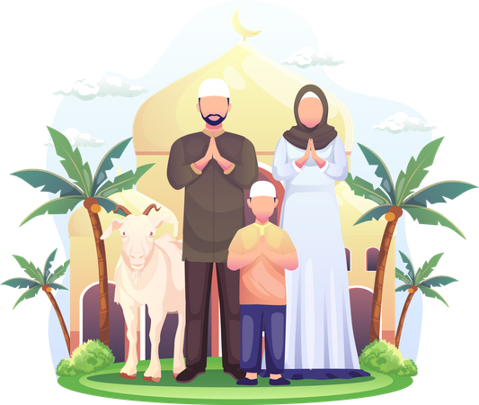 Feliz familia musulmana celebrando Eid Al Adha  Ilustración