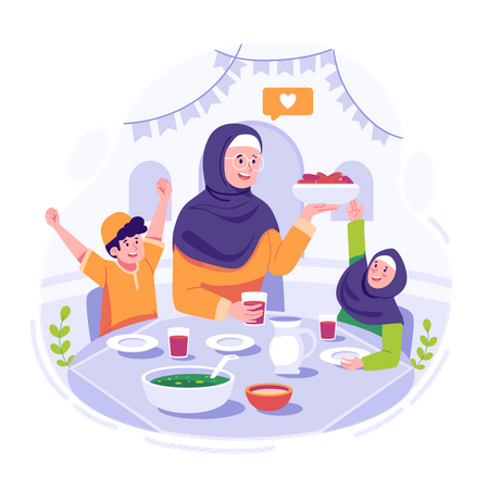 Familia musulmana feliz comiendo comida iftar  Ilustración