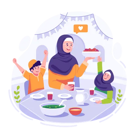 Familia musulmana feliz comiendo comida iftar  Ilustración