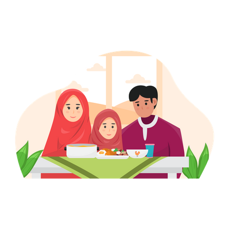 Familia musulmana cenando  Ilustración