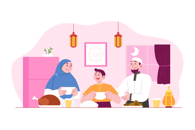 Familia musulmana haciendo fiesta iftar  Ilustración