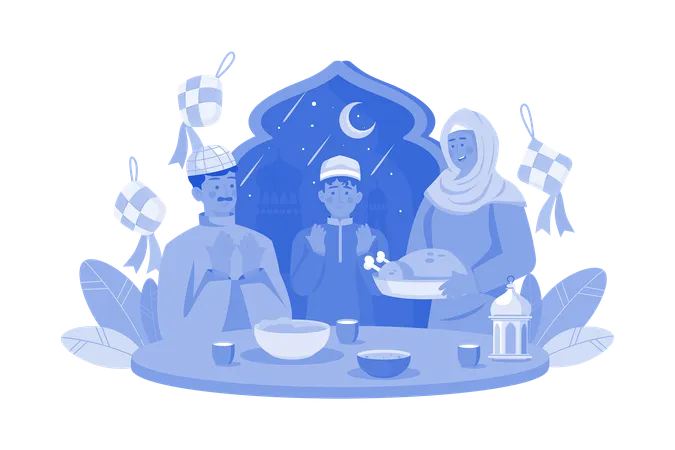Familia musulmana haciendo la oración del Eid cenando  Ilustración