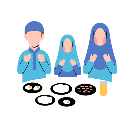 Familia musulmana haciendo oración Iftar  Ilustración