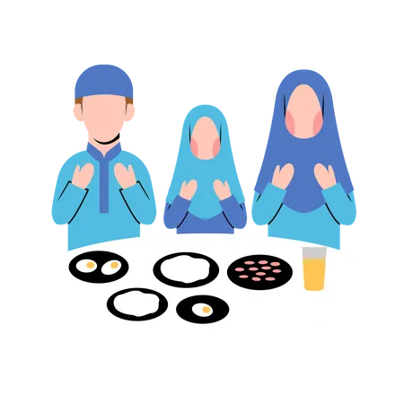 Familia musulmana haciendo oración Iftar  Ilustración