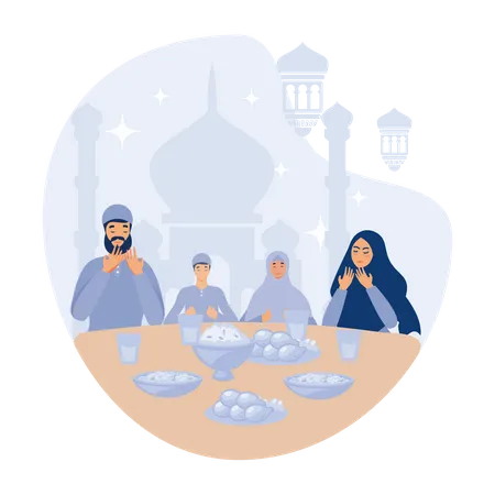 Familia musulmana iftar disfrutando del ramadán kareem mubarak juntos en felicidad durante el ayuno con comida  Ilustración