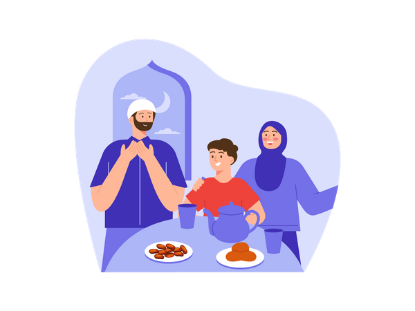Familia musulmana rezando antes de comer  Ilustración