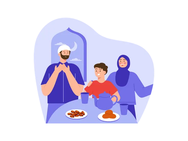 Familia musulmana rezando antes de comer  Ilustración
