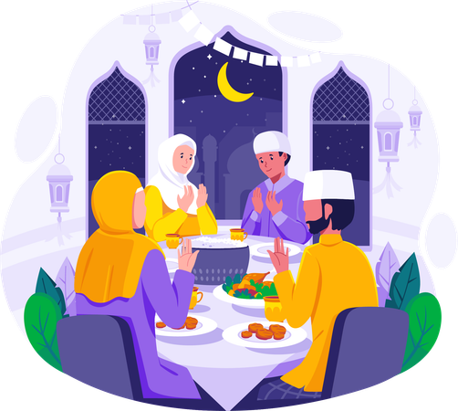 Familia musulmana rezando antes de tener iftar para romper el ayuno durante el Ramadán  Ilustración