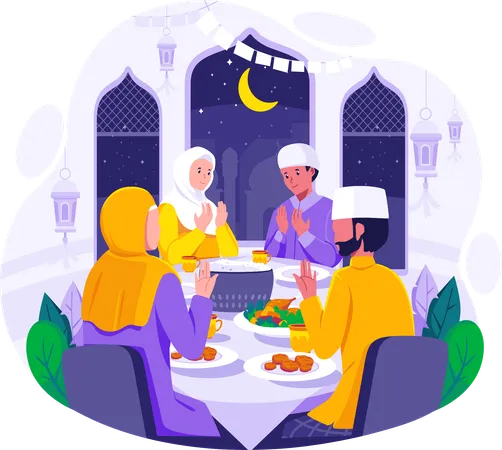Una Familia Musulmana Rezando Antes Del Iftar Para Romper El Ayuno Durante El Ramadan Comida Y Datiles En La Mesa Ilustracion Del Concepto De Ramadan Ilustración
