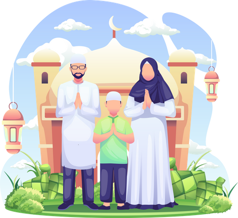 Familia musulmana rezando en una mezquita  Ilustración