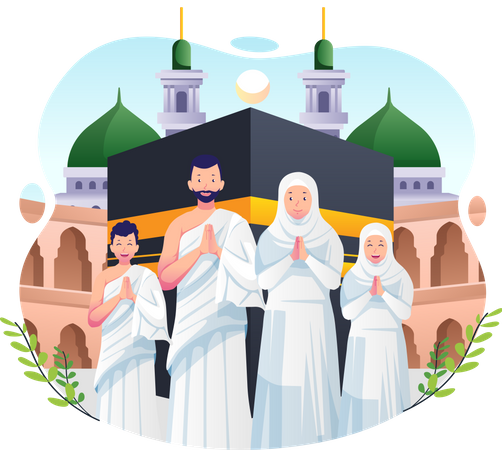 Familia musulmana realizando la peregrinación Umrah  Ilustración