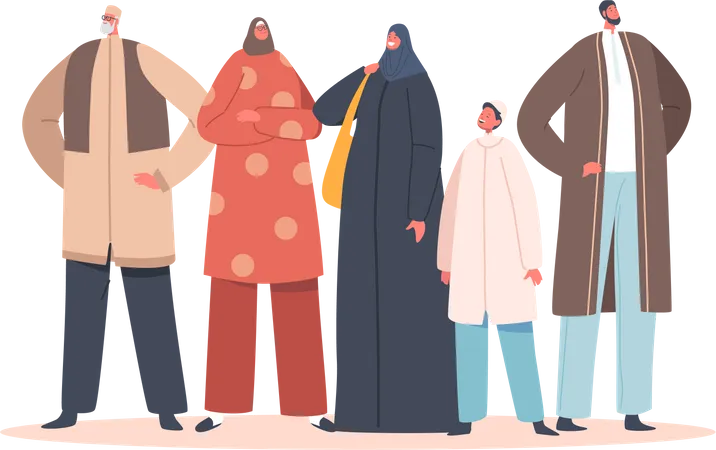 Familia Musulmana Tradicional Padres Abuelos E Hijos Personajes Jovenes Y Mayores Los Arabes Visten Ropa Nacional Cultura Musulmana Tradiciones De Personajes Arabes Ilustracion Vectorial De Dibujos Animados Ilustración