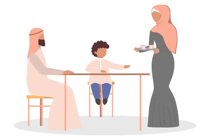 Familia musulmana tomando café mientras están sentados juntos  Ilustración