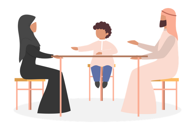 Familia musulmana tomando café y hablando entre ellos  Ilustración