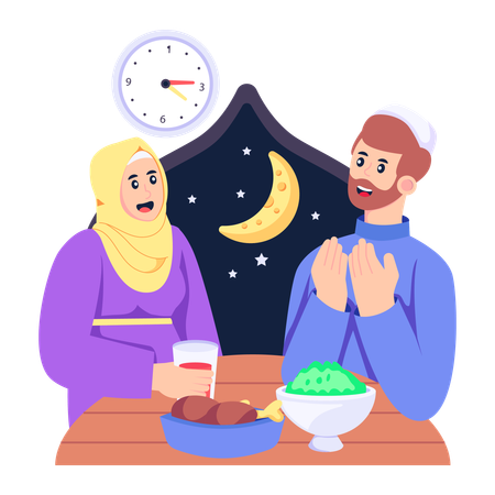 Familia musulmana tomando comida en la hora del Suhoor  Ilustración