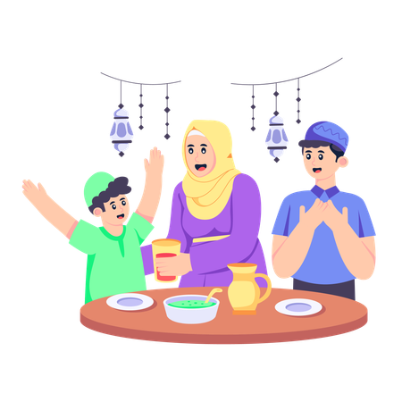 Familia musulmana tomando Iftar  Ilustración