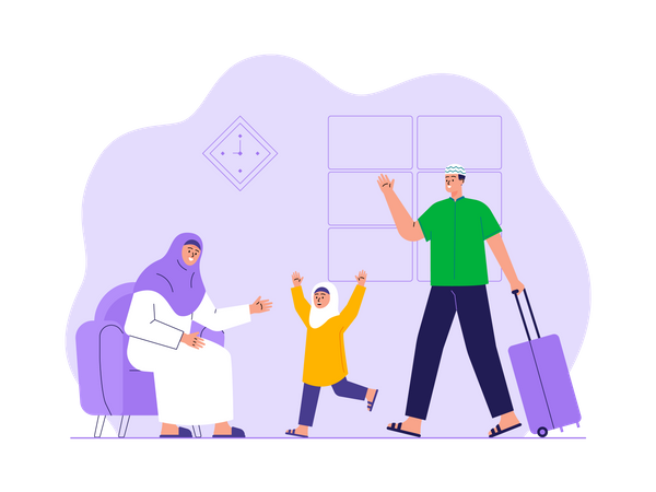 Familia musulmana viajando en vacaciones de Ramadán  Ilustración