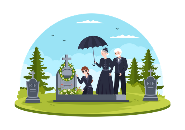 Família na cerimônia fúnebre  Ilustração