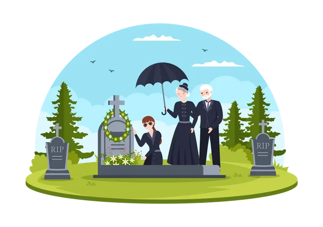 Família na cerimônia fúnebre  Ilustração